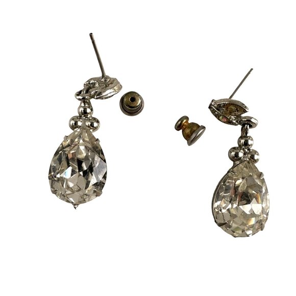 Art Deco Style Tear Drop Clear Rhinestone Earrings With Leaf Accents For Pierced - Picture 8 of 9